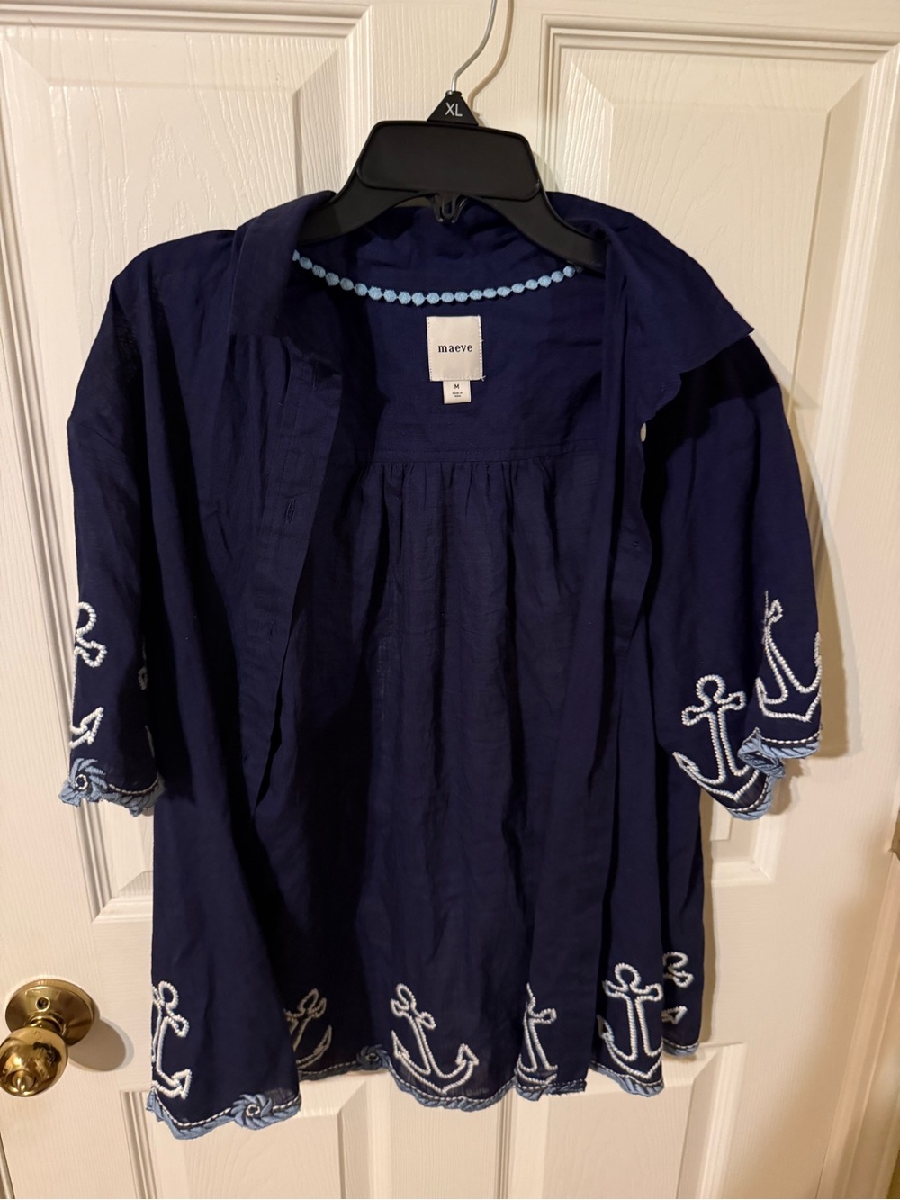 Maeve Navy Anchor Embroidered Button Up Top